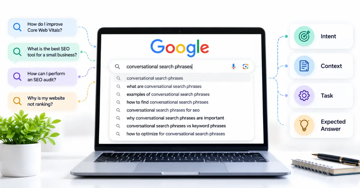 Conversational search phrases showing how a short SEO keyword expands into a context-rich question