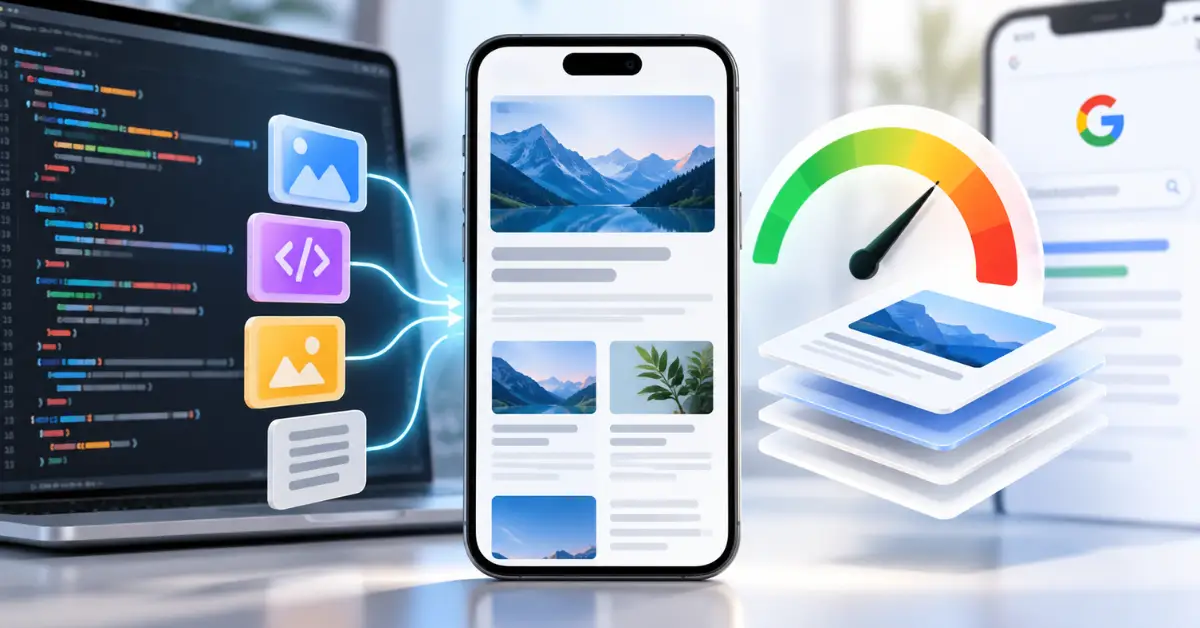 Conceptual illustration of a mobile rendering budget and web performance metrics.