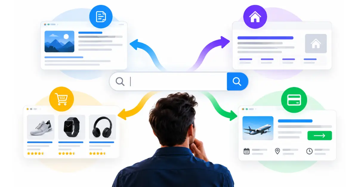 Conceptual diagram illustrating the six classifications of search intent in modern SEO