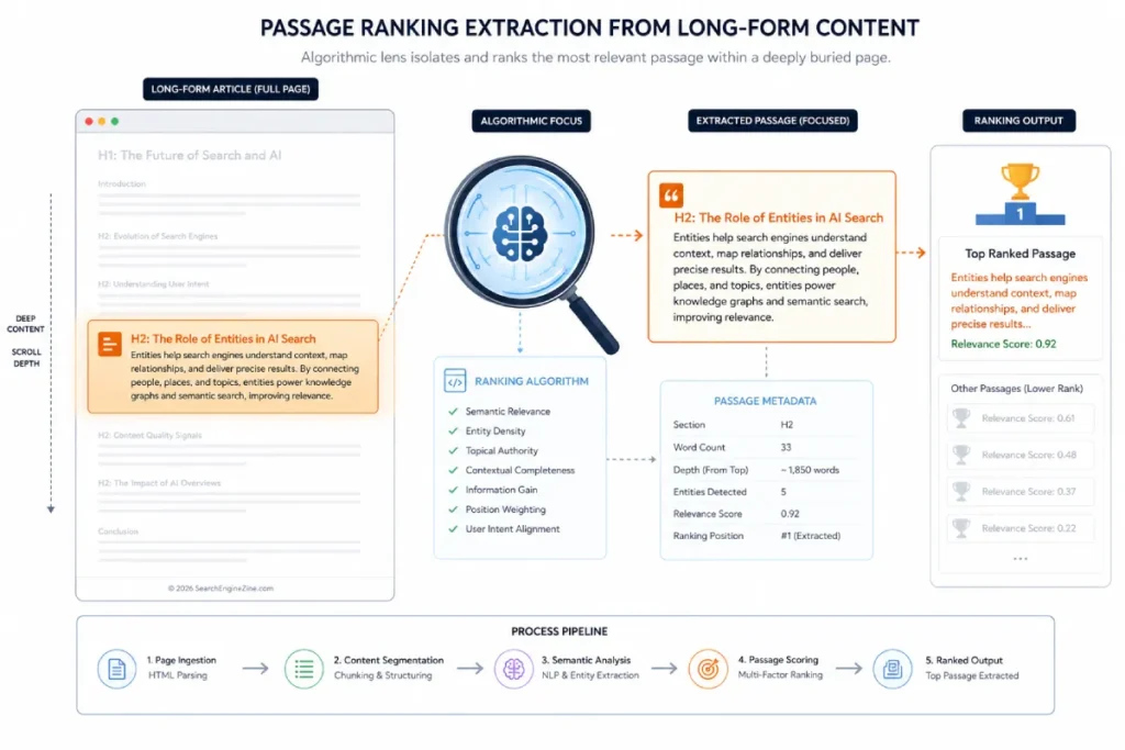 Passage ranking extraction from long form content