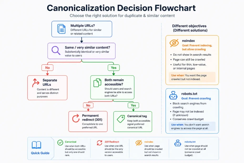 Decision flow for choosing canonical, permanent redirect, noindex, or robots.txt