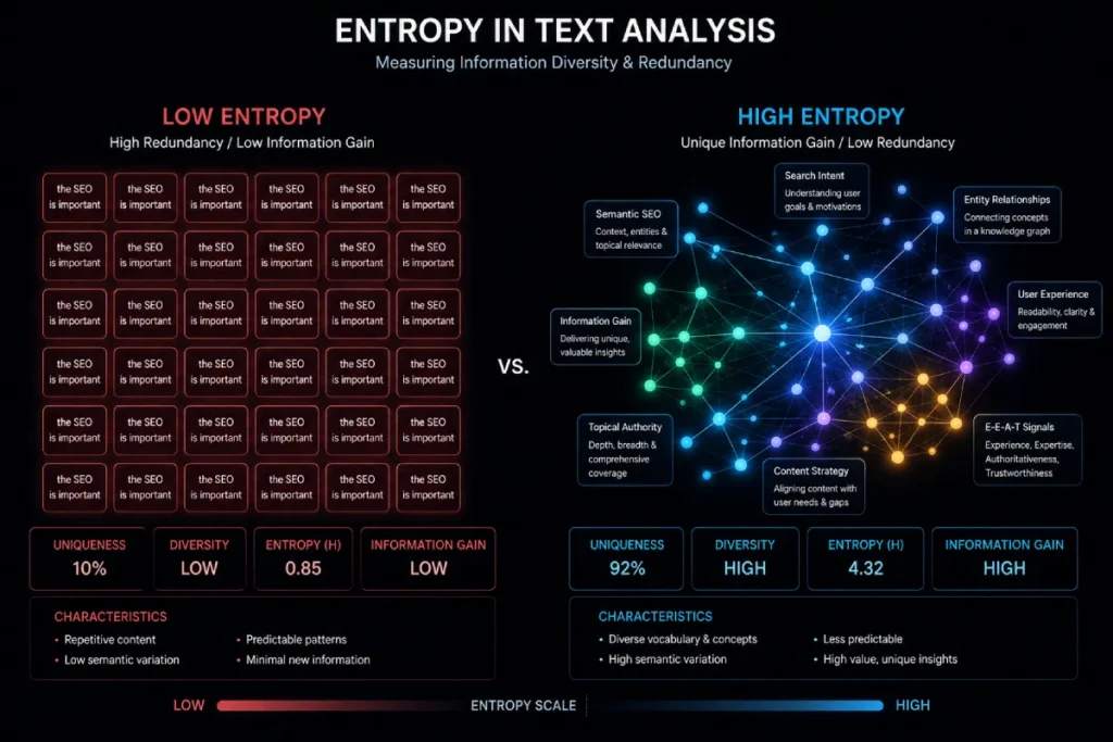 A scientific visualization comparing Low Entropy vs. High Entropy in text analysis