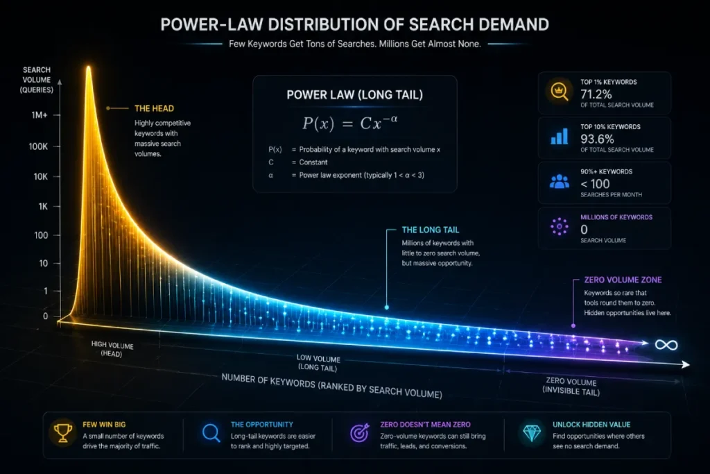 A striking 3D power-law distribution curve glowing on a dark grid canvas