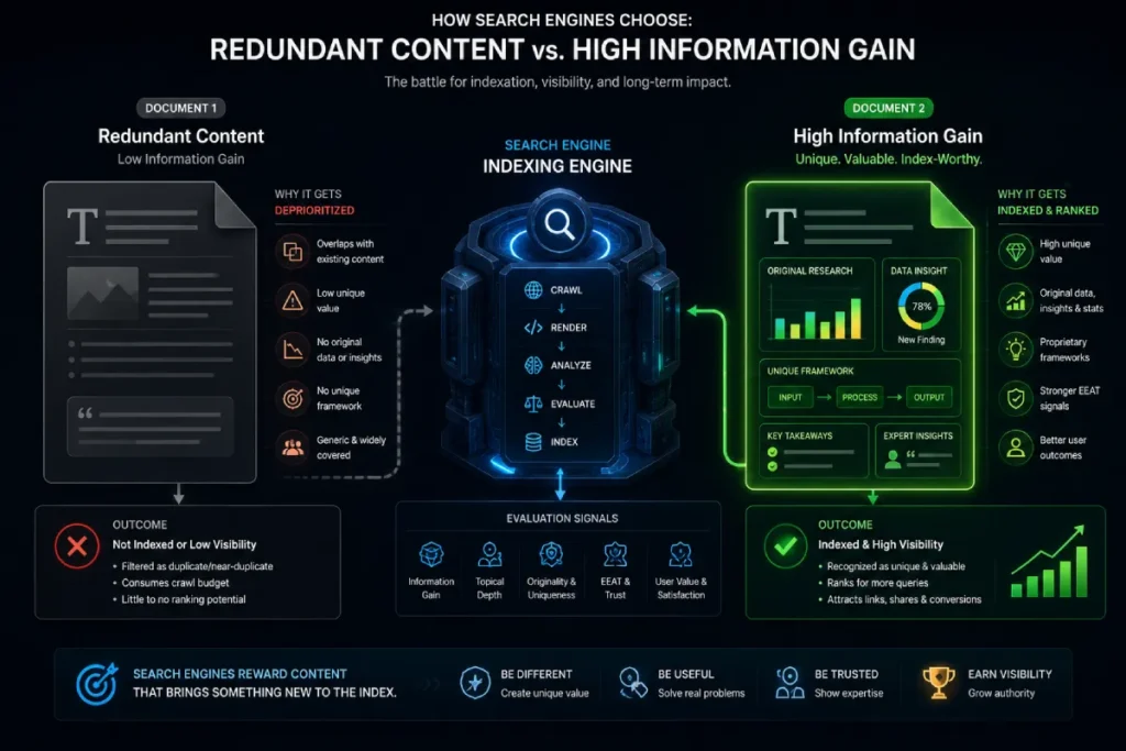 A visual conceptual diagram comparing two documents entering a search engine indexing engine