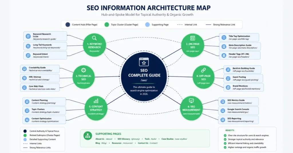 Content silo mapping showing relationships between SEO topics, pages, and internal links
