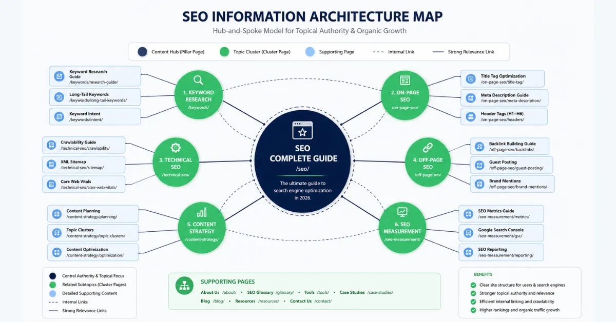 Content silo mapping showing relationships between SEO topics, pages, and internal links
