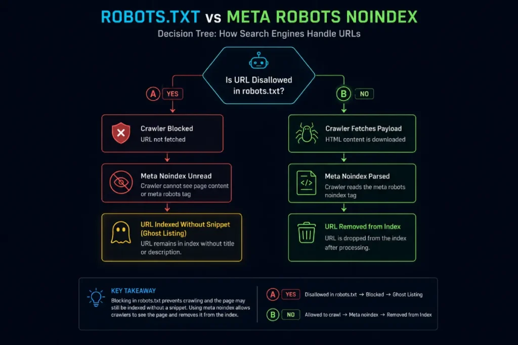 Decision tree diagram illustrating why disallowed robots txt URLs prevent meta noindex parsing