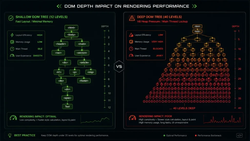 Technical architecture diagram comparing memory consumption between shallow and deep DOM trees