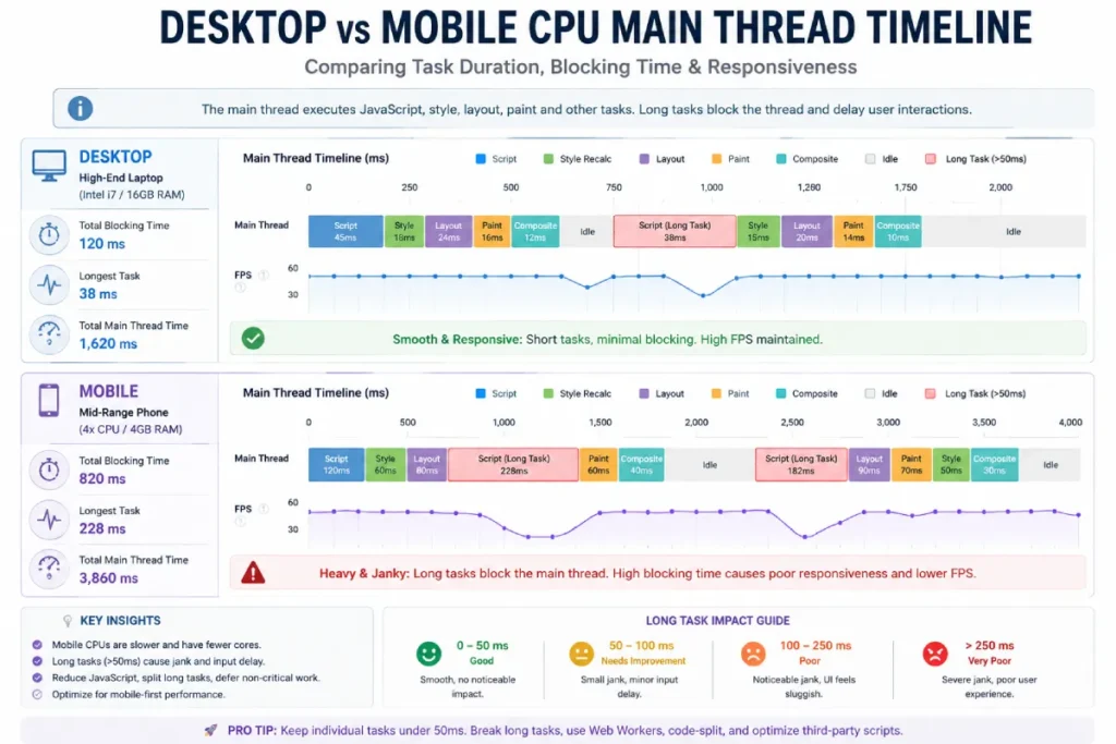 Desktop vs Mobile CPU main thread timeline