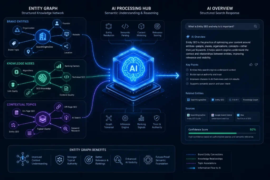 Interconnected digital nodes representing brand entities and contextual topics feeding directly into an AI processing hub.