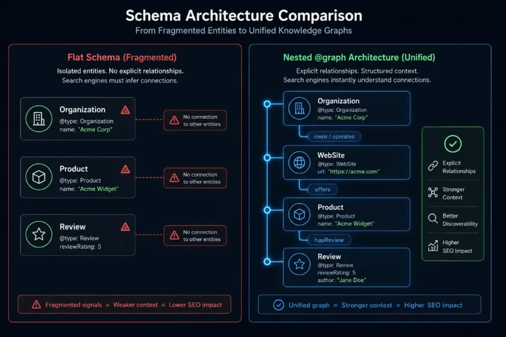 Technical architecture diagram contrasting flat JSON-LD script blocks against an interconnected graph node structure