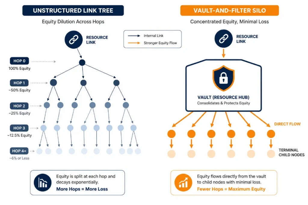 PageRank decay across internal link hops