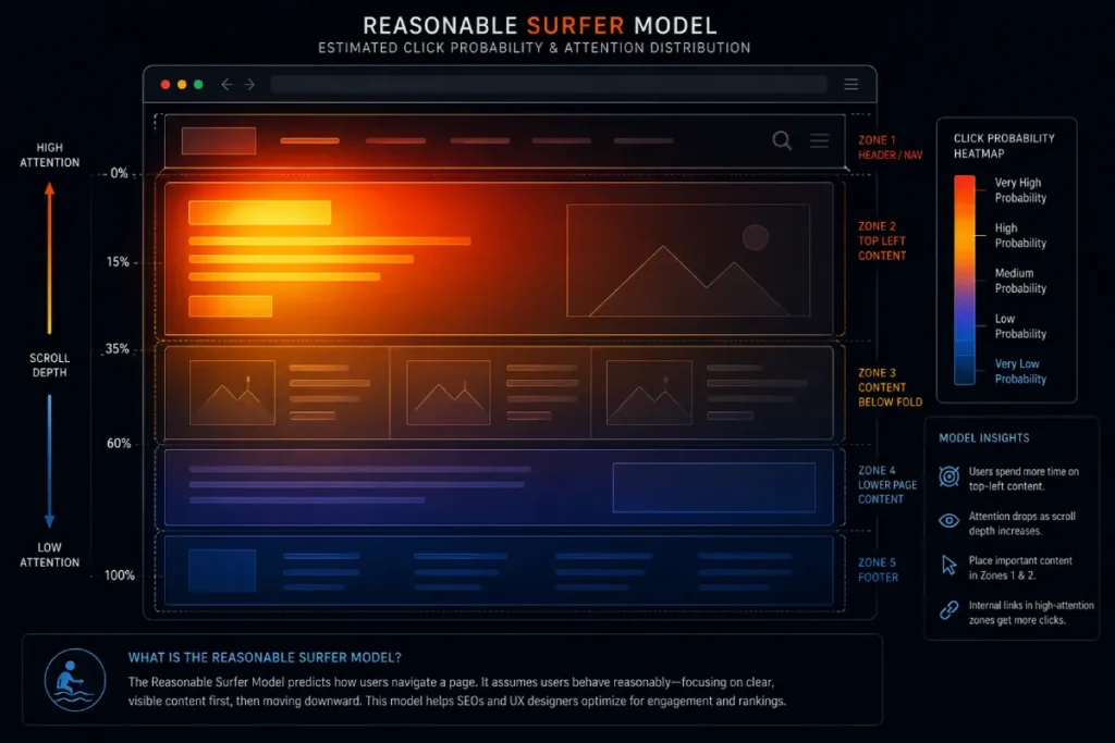 Heatmap overlays highlighting high-click-probability zones in the top-left body section, demonstrating the Reasonable Surfer Model's approach to DOM placement.