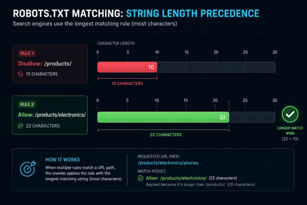 Path character length comparison diagram showing Longest Match rule precedence in robots txt