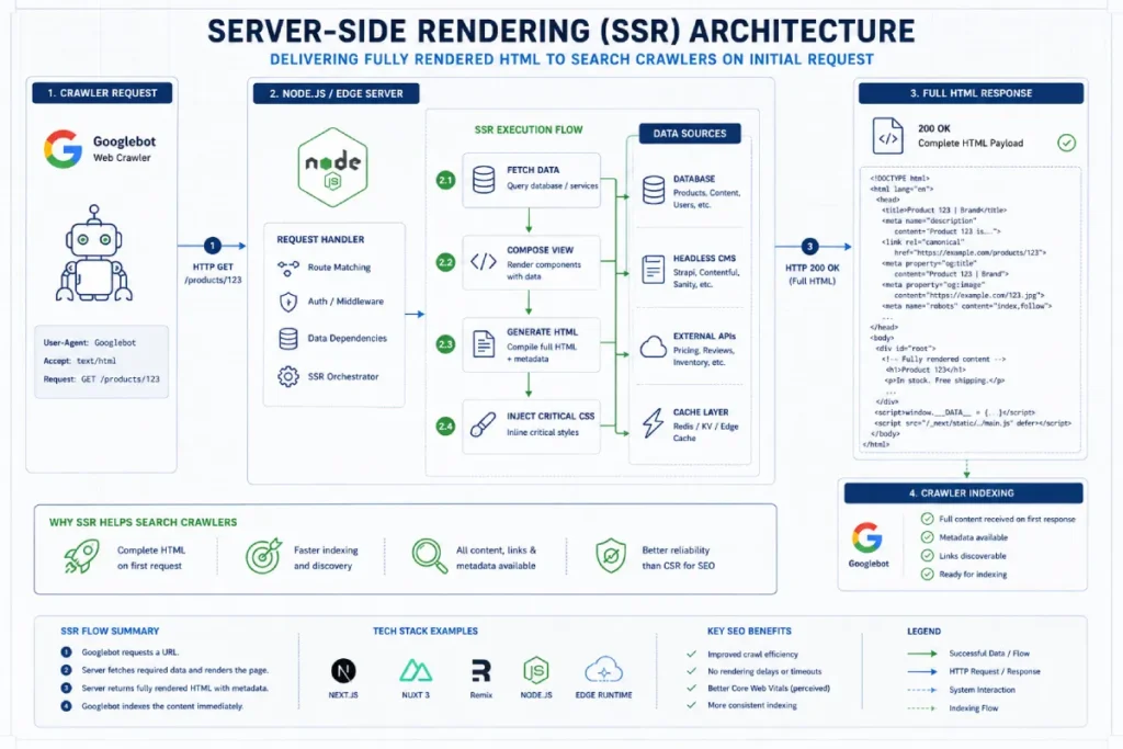 Server-Side Rendering (SSR) execution flow for search crawlers