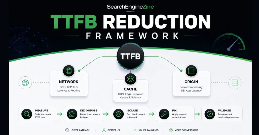 TTFB reduction framework showing network, cache, and origin latency layers
