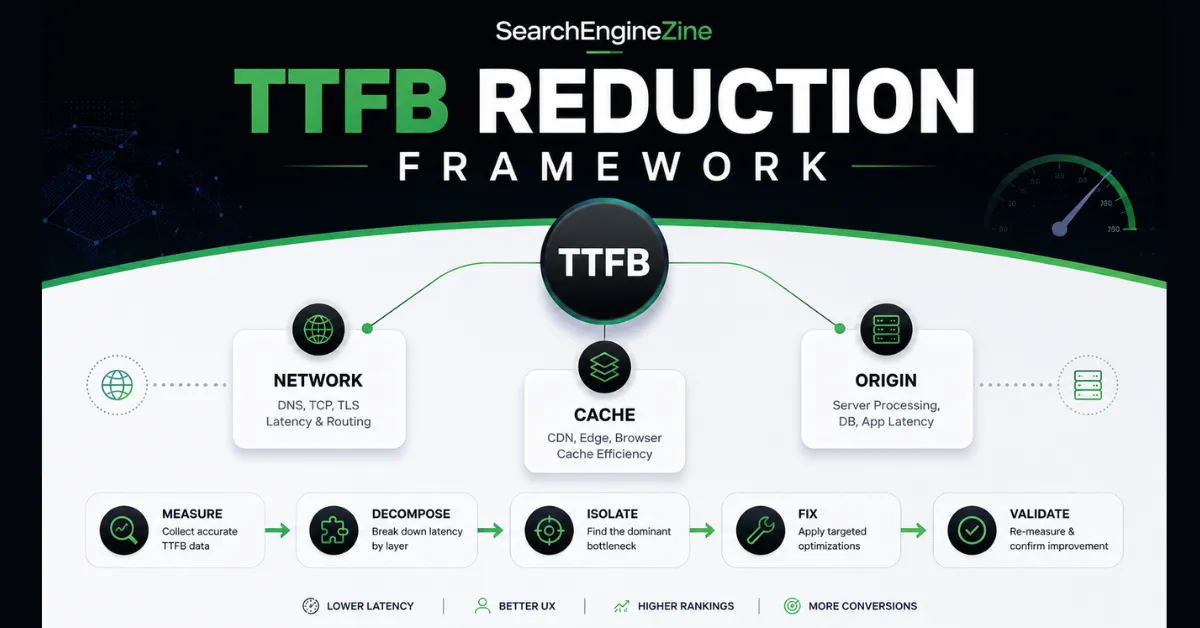 TTFB reduction framework showing network, cache, and origin latency layers