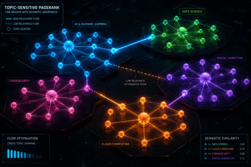 Semantic clusters and vector beams illustrating Topic-Sensitive PageRank flow, attenuating when attempting to cross into unrelated topical nodes.