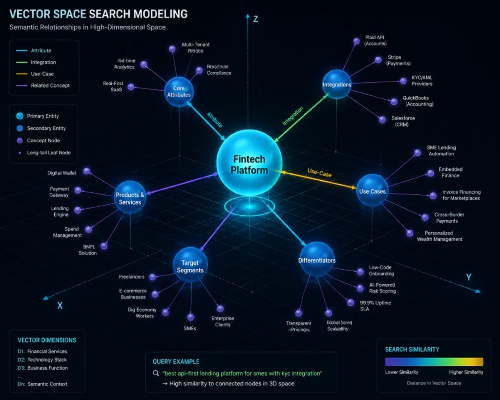 3D entity node graph illustrating vector space distance and edge relationships between primary topics and long tail queries