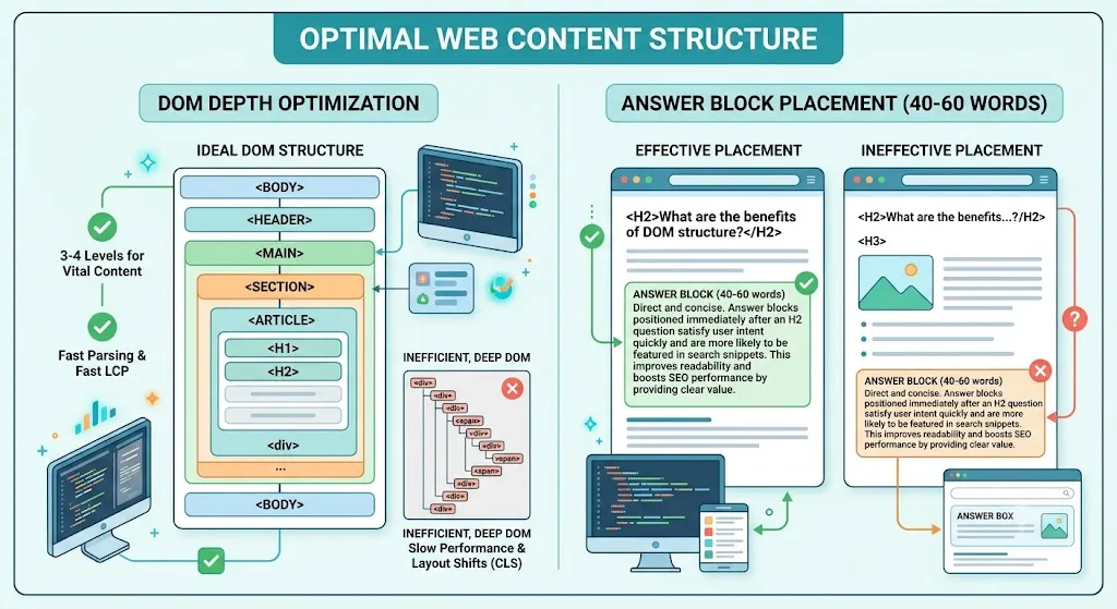 Structural layout showing clean DOM architecture and direct answer blocks for AI extraction.
