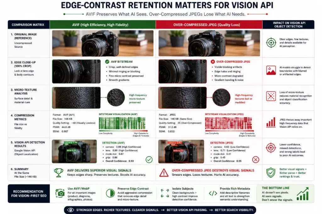 Technical comparison of AVIF and JPEG compression showing edge retention for computer vision object detection.