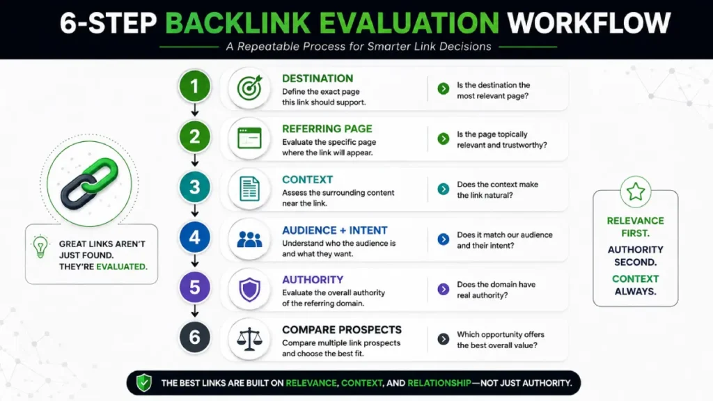 Six-step workflow for evaluating a backlink from destination page through prospect comparison