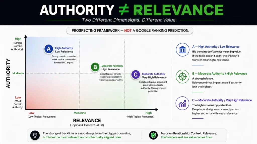 Matrix comparing backlink authority and relevance across three hypothetical prospects