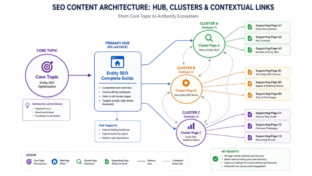 Content silo architecture showing a hub connected to cluster and supporting pages