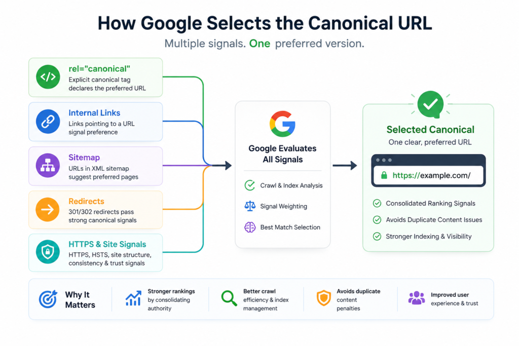 Canonical, internal link, sitemap, redirect, and HTTPS signals feeding into Google's canonical selection