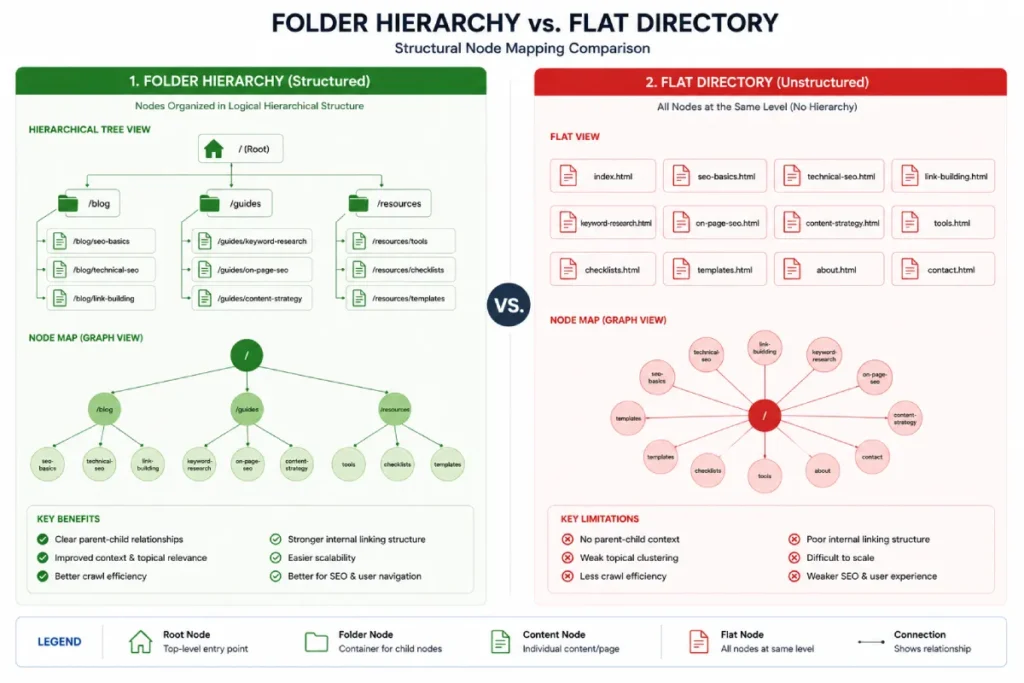 Diagram illustrating information flow in folder logic versus flat site architecture.