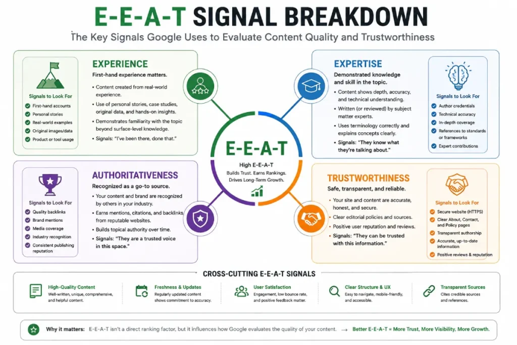 Diagram illustrating the four pillars of Google E-E-A-T: Experience, Expertise, Authoritativeness, and Trustworthiness.