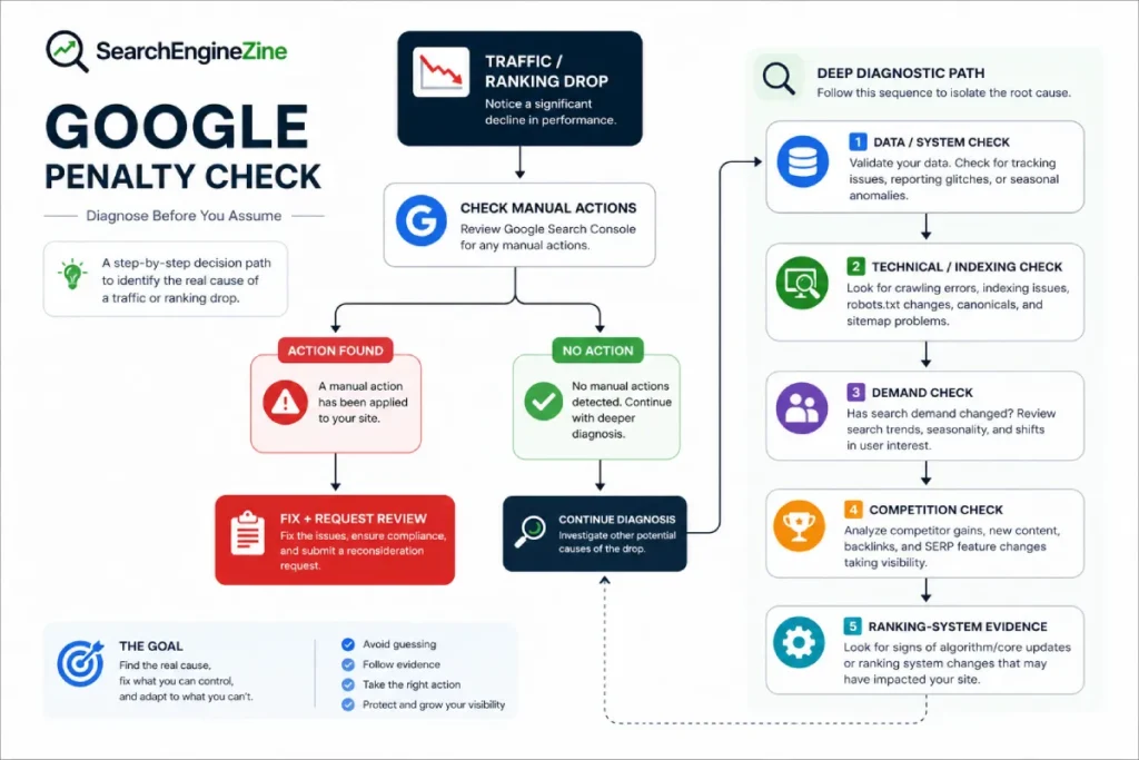Workflow for checking a Google manual action and investigating other causes when none is reported.