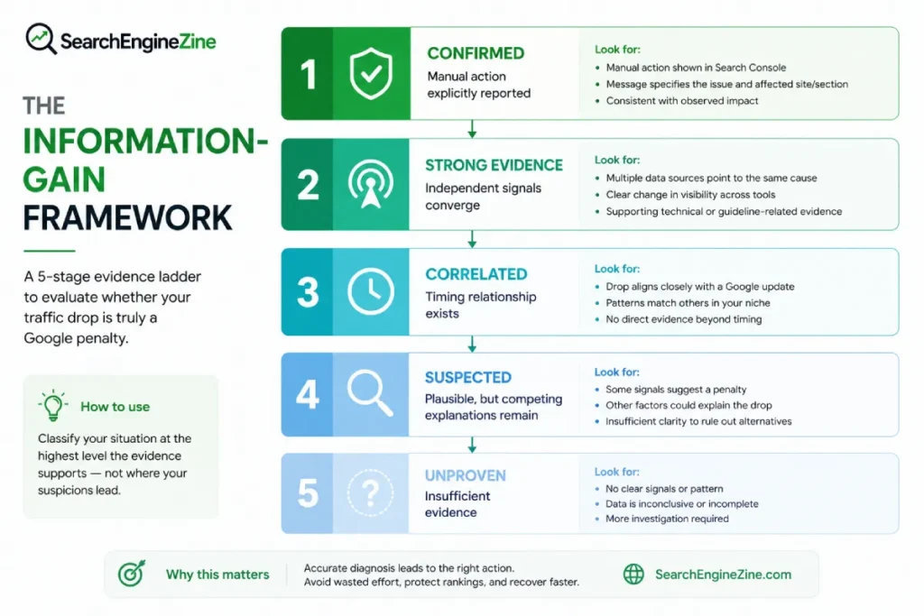 SearchEngineZine evidence ladder distinguishing confirmed, strong, correlated, suspected, and unproven penalty evidence.