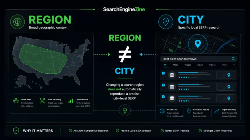 Difference between Google search region and city-level SERP