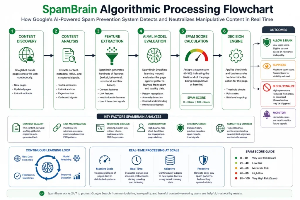 Diagram showing how Google SpamBrain analyzes link networks and content anomalies to demote spam