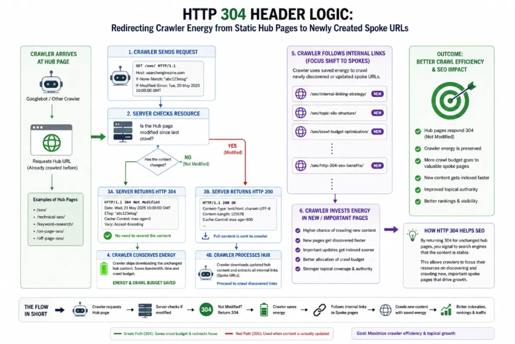 Diagram showing how server-side conditional HTTP headers optimize crawler routing within a content cluster.