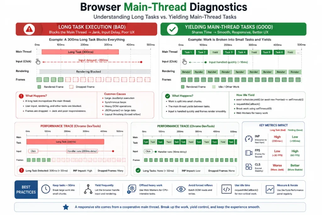 Technical illustration of browser main-thread rendering and Interaction to Next Paint latency reduction.