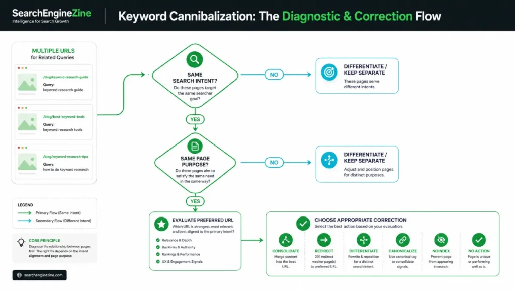 Flowchart showing how to determine whether multiple URLs represent genuine keyword cannibalization.