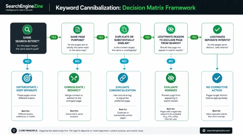 Decision framework for choosing between differentiation, consolidation, redirect, canonicalization, noindex, or no action.