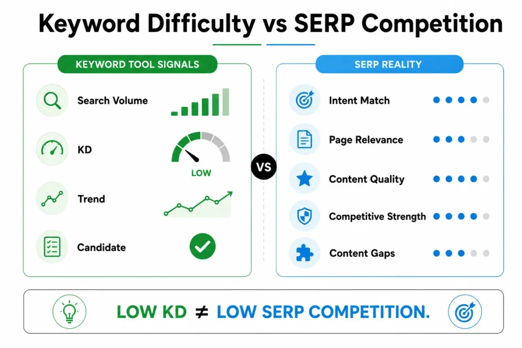Comparison showing why keyword difficulty and actual SERP competition are different evaluations