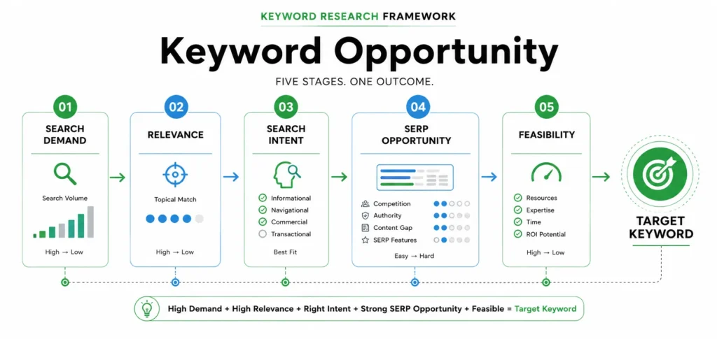 Keyword opportunity framework combining search demand, relevance, intent, and SERP competition.