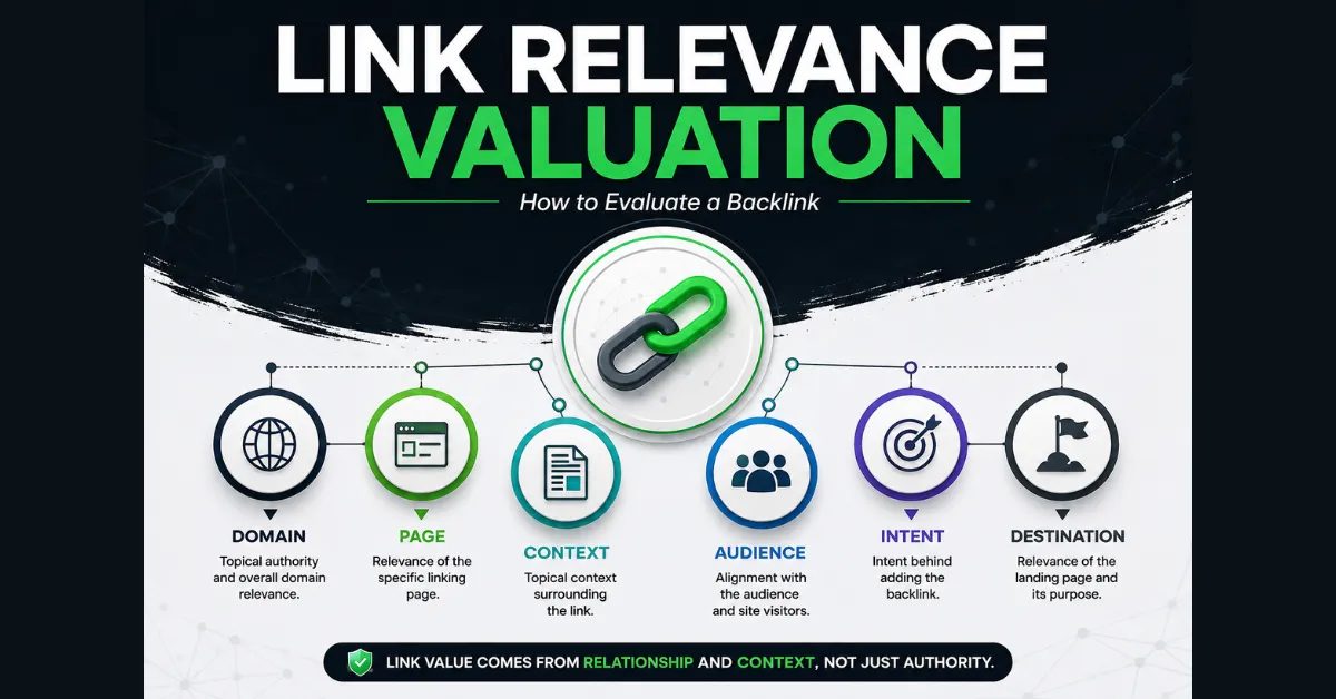 Diagram-style editorial graphic showing six factors used to link relevance valuation
