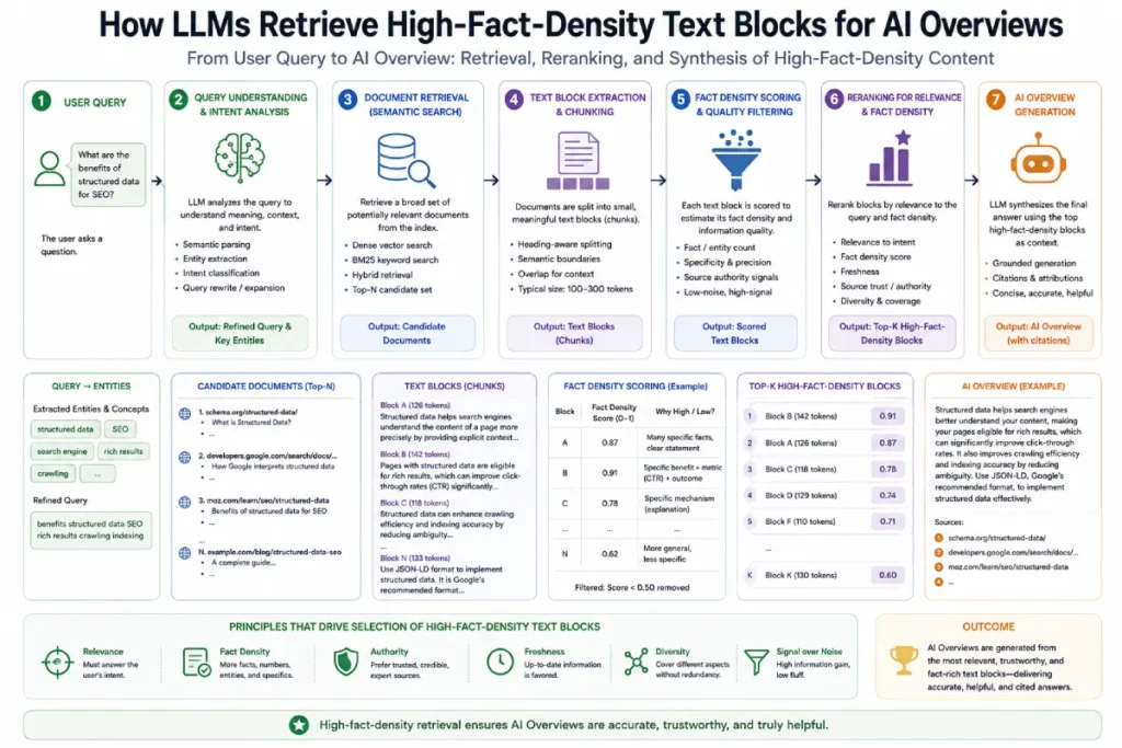 Diagram detailing the retrieval process of LLMs extracting structured fact blocks for search answer engines.