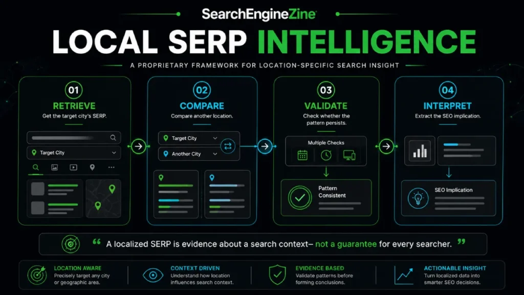 Retrieve compare validate interpret framework for local SERP analysis