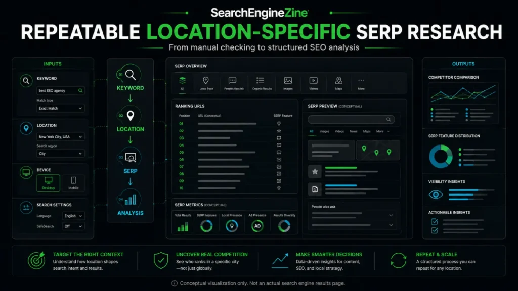 Location-specific SERP research and SEO analysis workflow