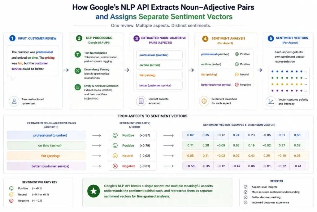 Technical breakdown of Google NLP extracting entity sentiment vectors from customer review text.