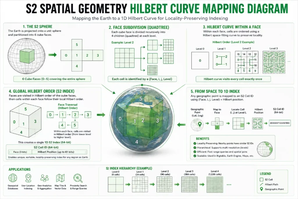 Diagram showing S2 geometry cell alignment between mobile reviewers and local business centroids
