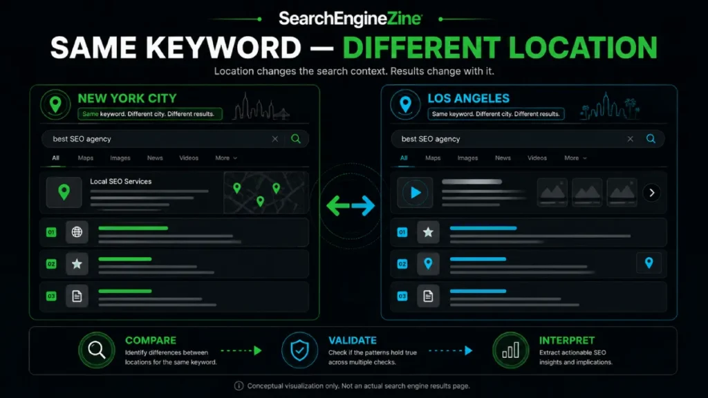 Same keyword showing different conceptual SERPs across cities