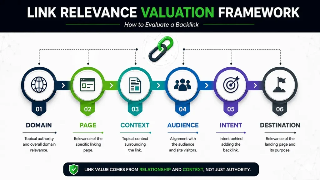 Six-level framework for evaluating backlink relevance from domain and page to context, audience, intent, and destination