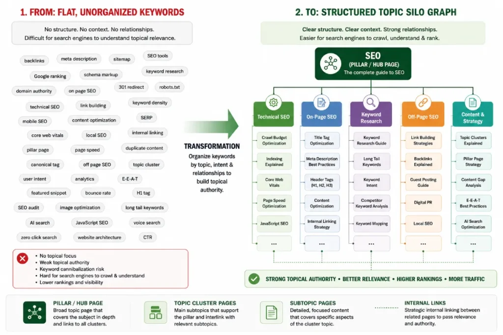 Diagram mapping the structural relationships between a central pillar hub and supporting contextual spoke pages.